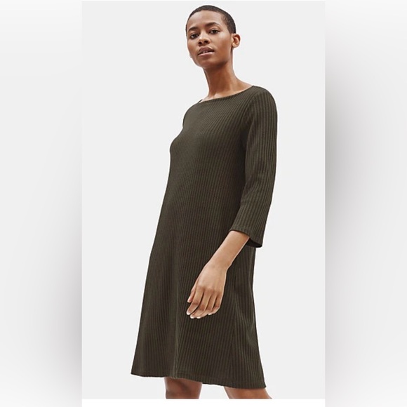 Eileen Fisher Dresses & Skirts - Eileen Fisher Tencel Stretch Rib Ribbed Knee Sleeved Green Olive Dress M New